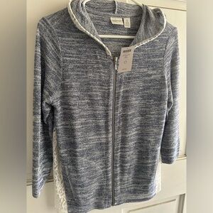Zenergy by Chicos 3/4Sleeve Zip Front/Hooded Sweater/Lace & Metallic~Size 0